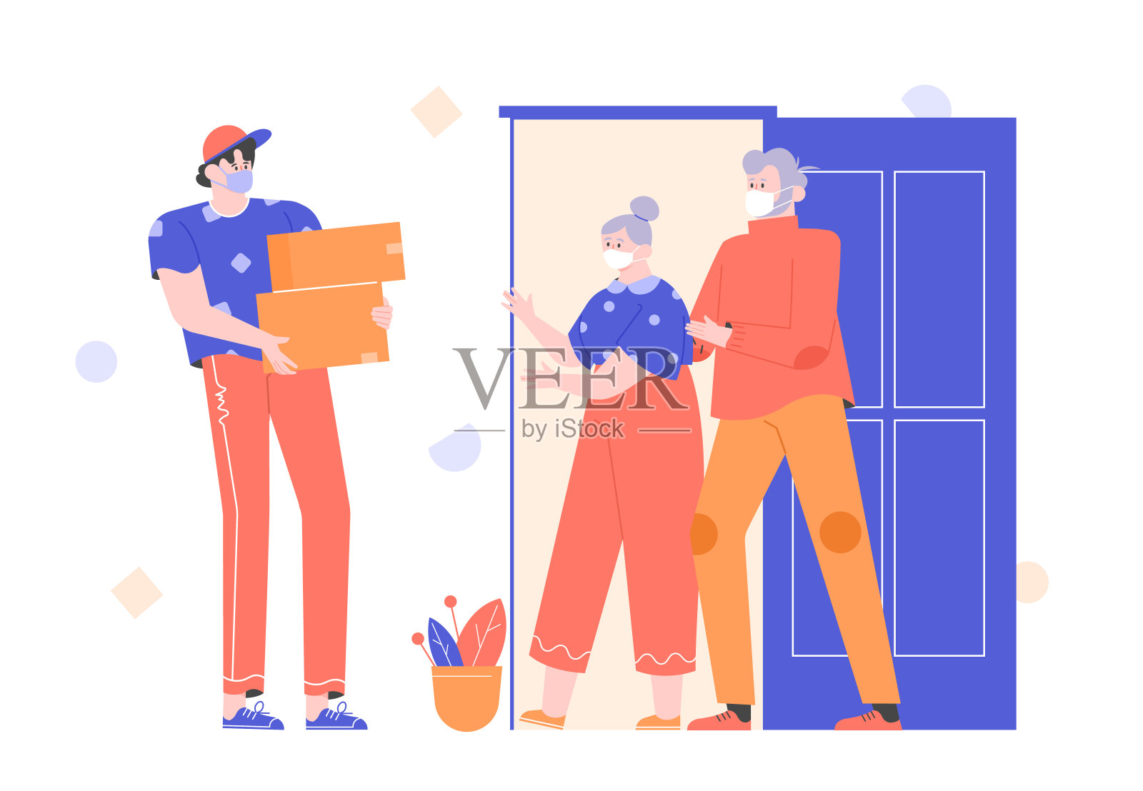 在流感大流行和隔离期间帮助老一辈。食品和药品送货上门。快递员拿着箱子，戴着防护口罩的祖父母正在等待货物。矢量插图。插画图片素材