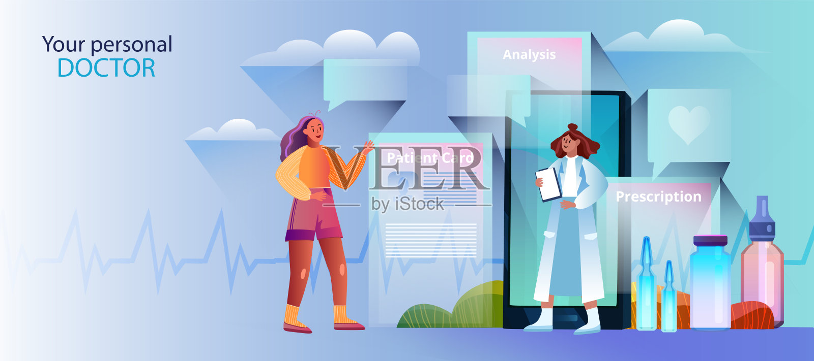 女性患者和她的医生的在线医疗咨询横幅。插画图片素材