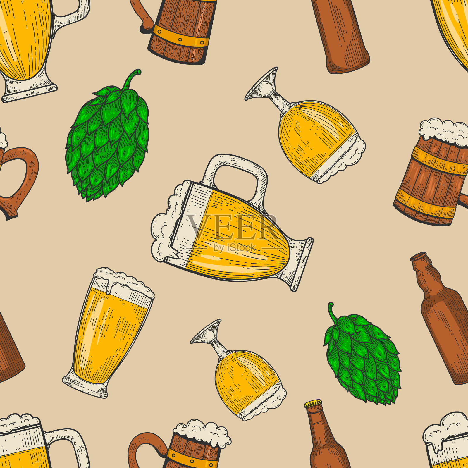 无缝模式与啤酒杯和啤酒花。复古设计的海报，包装，卡片，横幅，传单。矢量图插画图片素材
