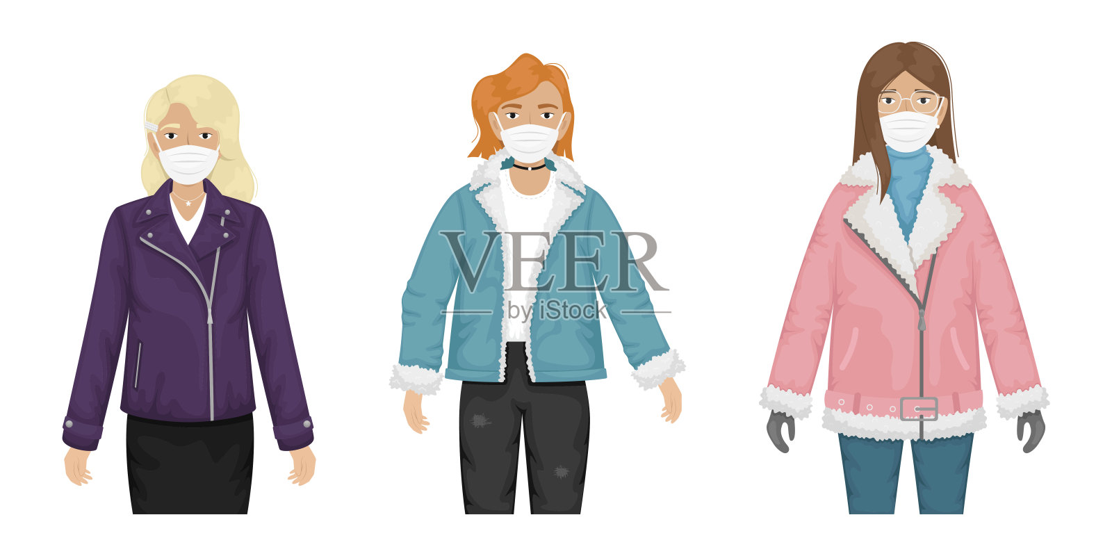 三个女孩穿着时髦的衣服，戴着防毒面具。预防冠状病毒疫情。插画图片素材