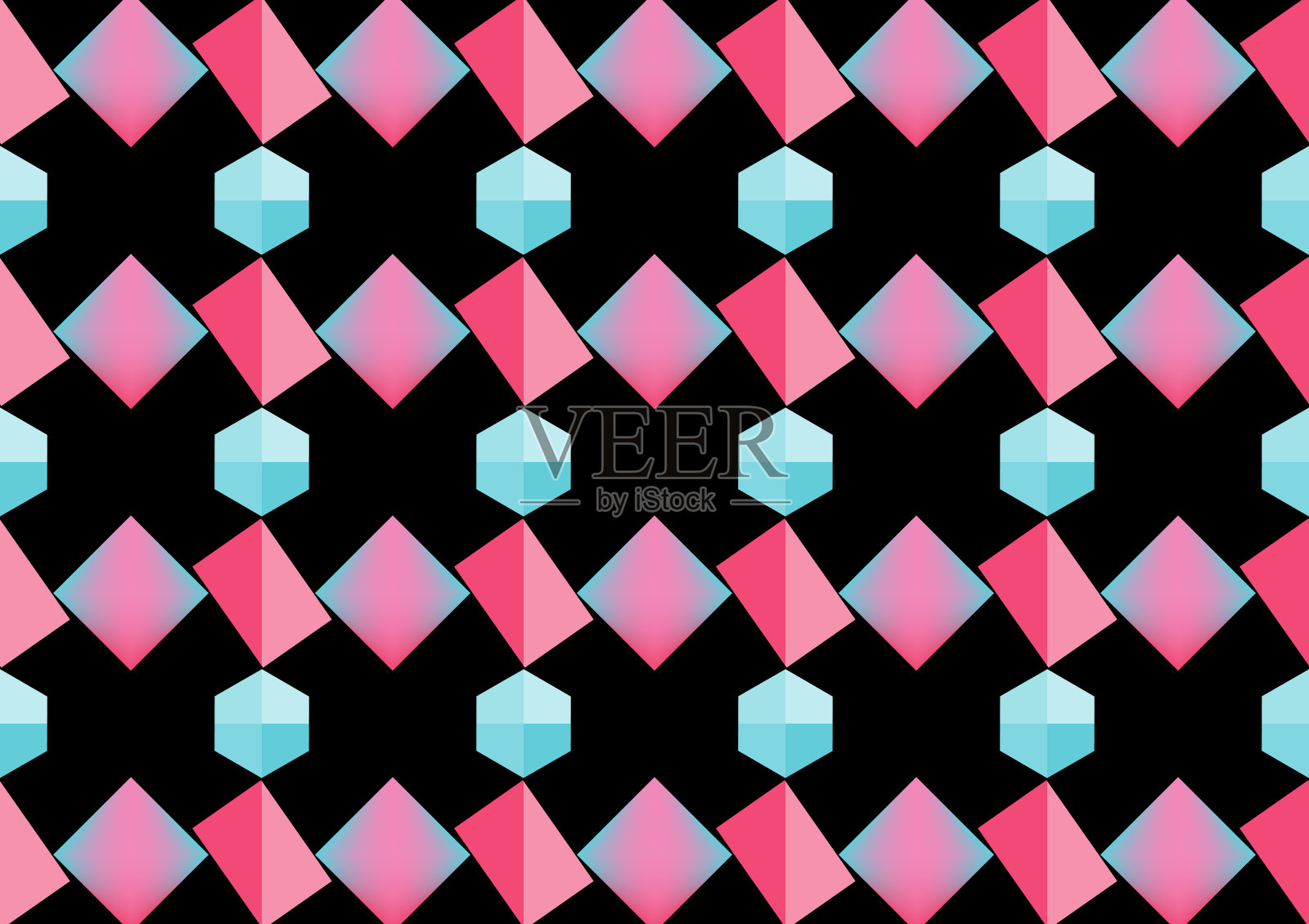 使用正方形和六边形的无缝矢量表示的设计。以一个无缝的几何图案来创造一个无尽的背景。通过使用颜色渐变和使用黑色背景。插画图片素材