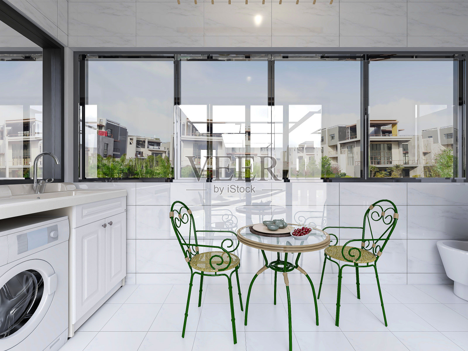 3D效果图，宽敞明亮的城市住宅封闭式阳台设计，绿色植物和家用电器看起来休闲舒适照片摄影图片