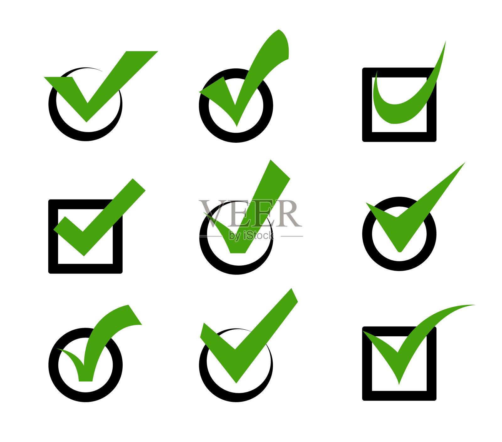 在圆圈和正方形中勾选标记图标。投票标记web标志图标符号旗帜图标选择是符号和正确的设计按钮同意投票按钮图标素材