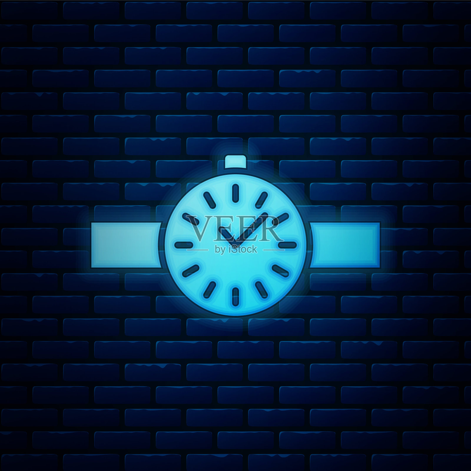 发光的霓虹灯腕表图标孤立在砖墙背景上。手表图标。矢量图插画图片素材