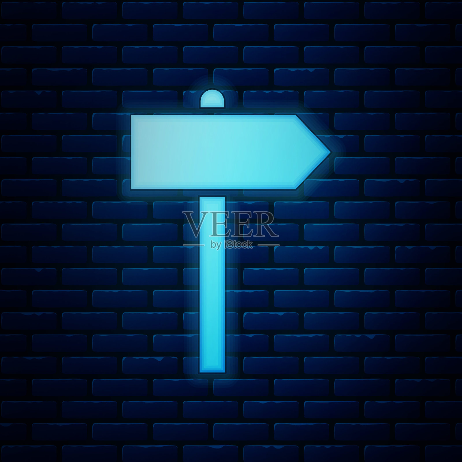 发光的霓虹灯道路交通标志。路标图标孤立在砖墙背景上。指针的象征。街道信息信号。方向的信号。矢量图设计元素图片