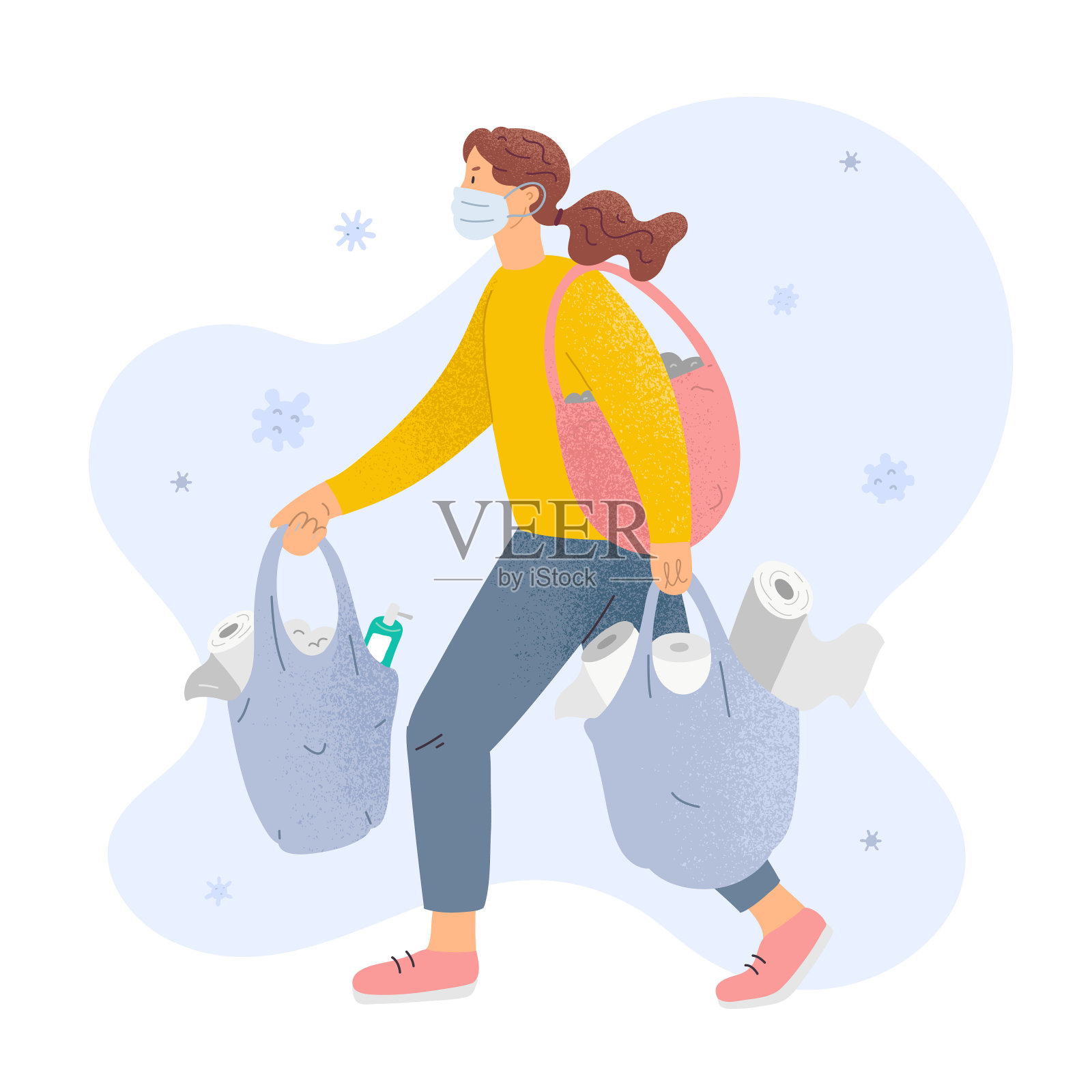戴着医用口罩购买卫生纸的女性被冠状病毒包围，新冠肺炎全球大流行期间的恐慌购物概念，拿着装满纸巾和消毒剂的袋子的女性角色。设计元素图片
