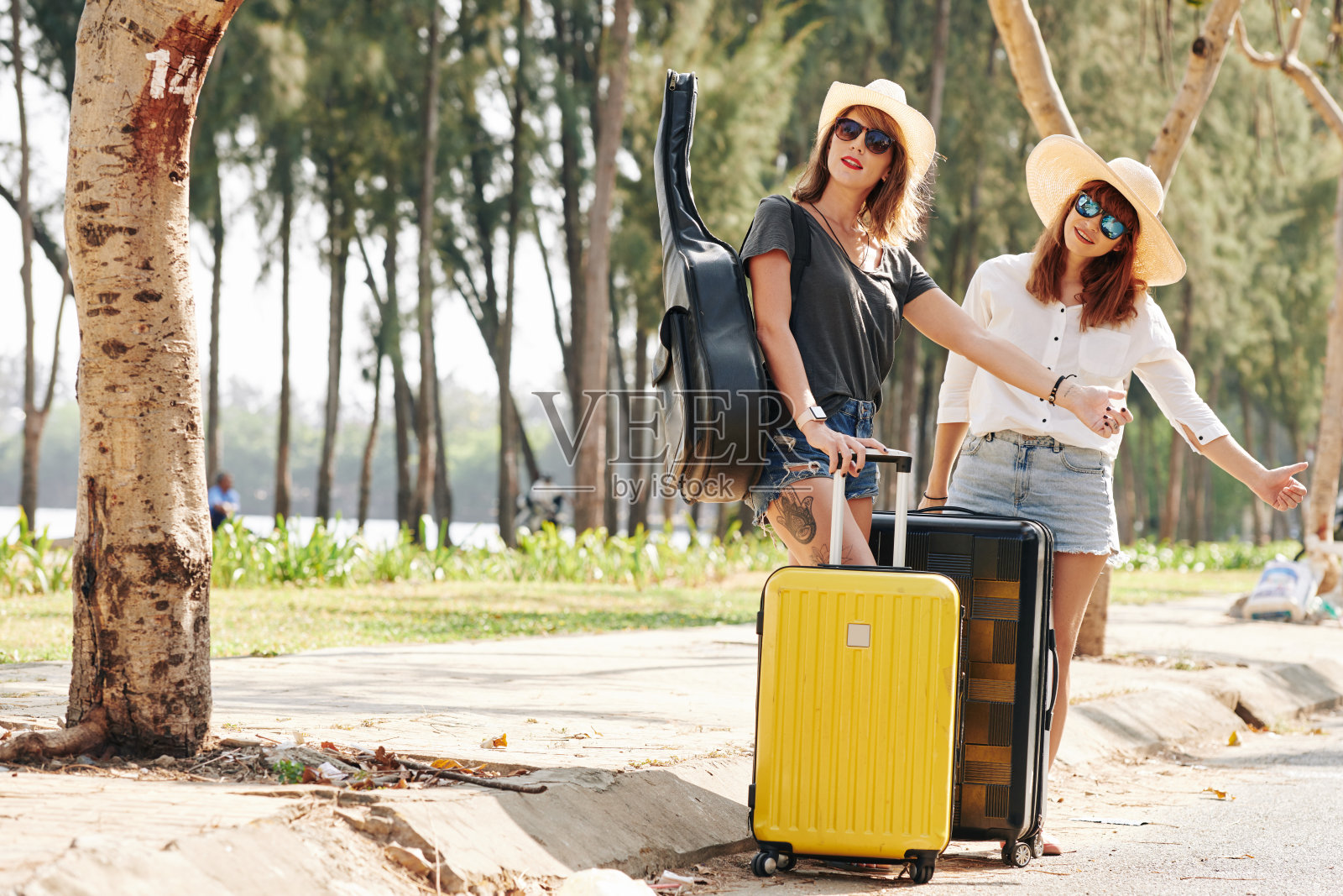女游客搭车照片摄影图片