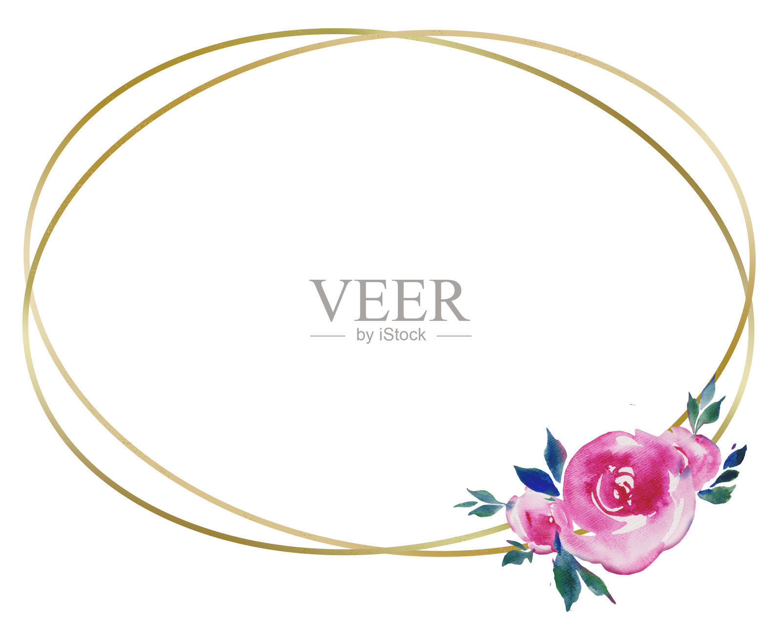 金色圆形框架与粉色玫瑰，花卉设计，婚礼字母，水彩插图贺卡插画图片素材