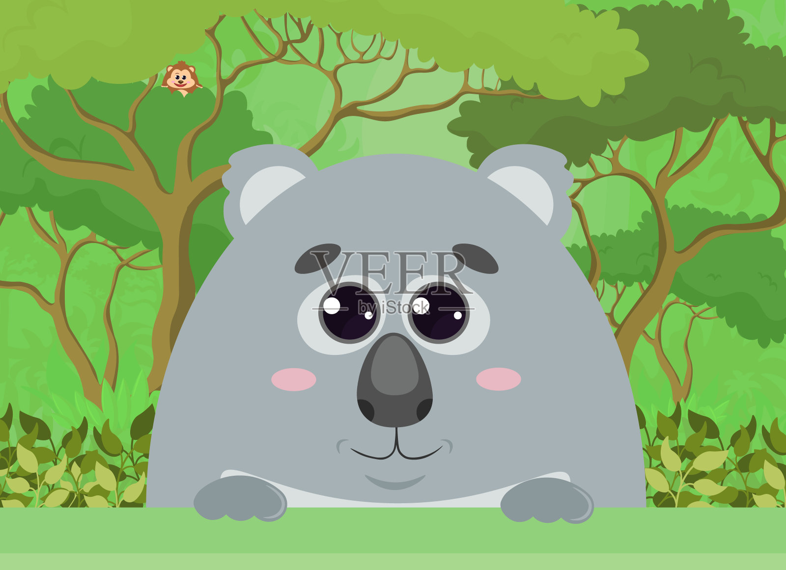 海报、传单、画册封面、横幅、以自然为背景的考拉卡通风格背景插画图片素材