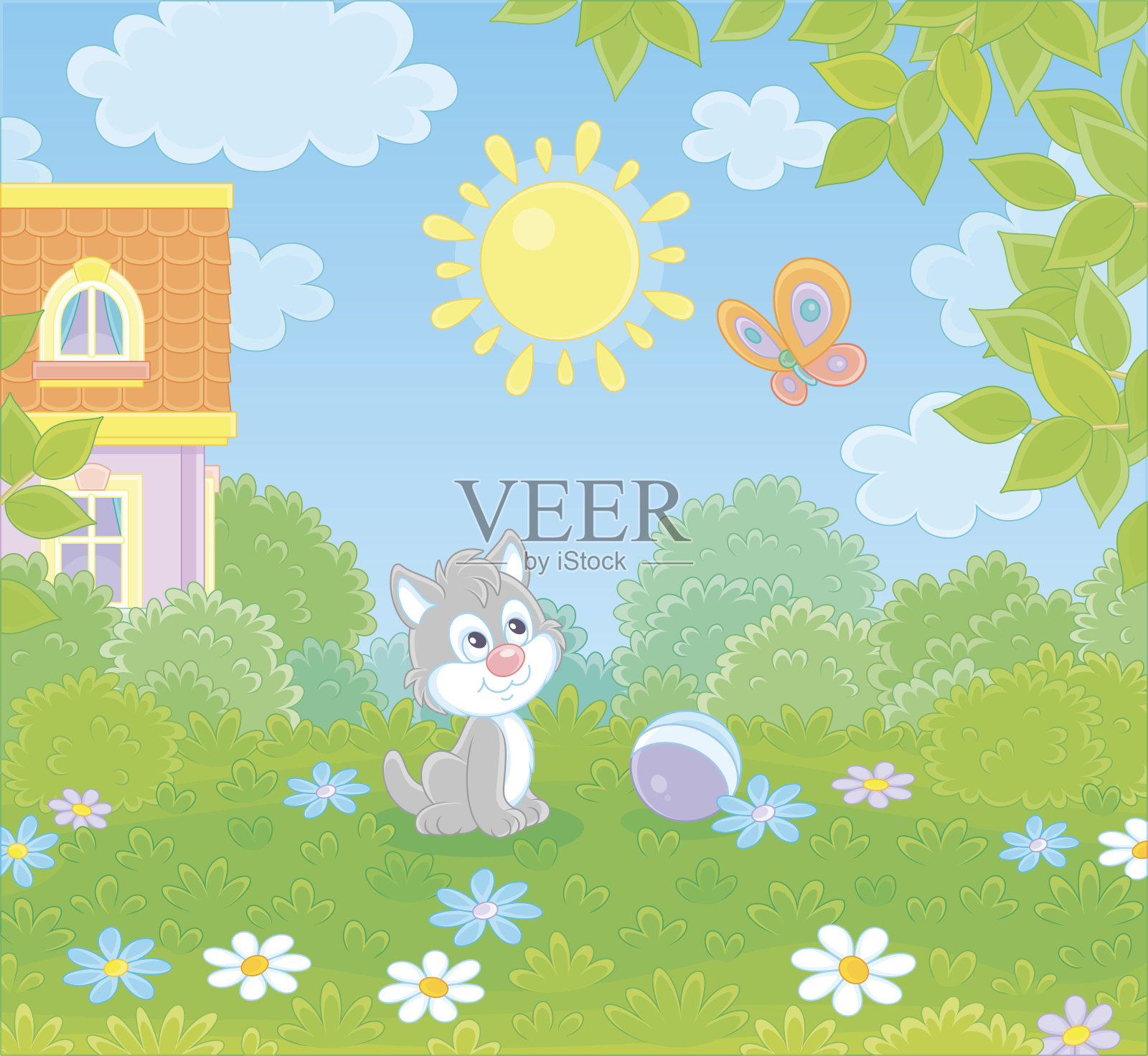 一只灰色的小猫在和一只蝴蝶玩耍插画图片素材