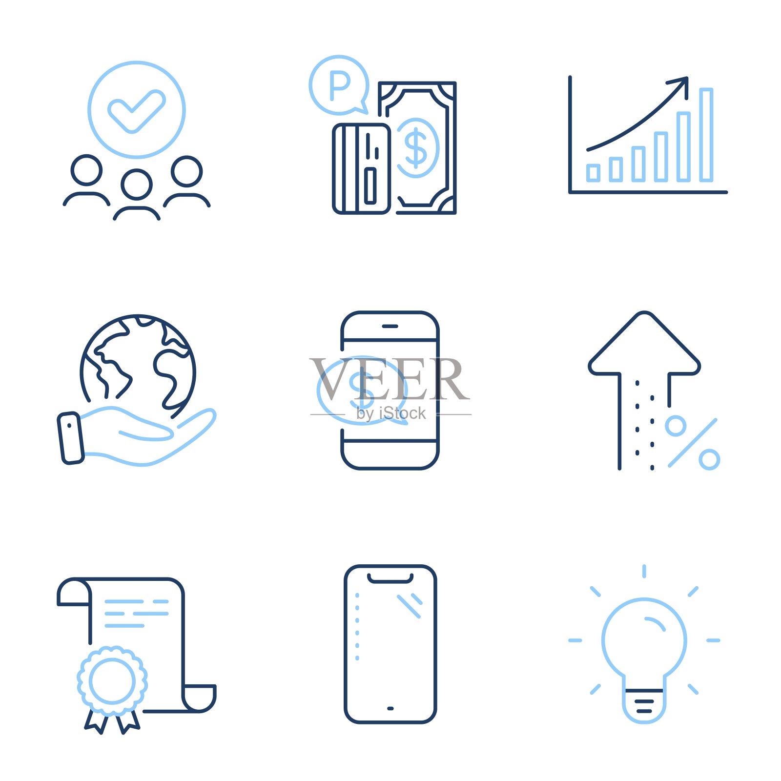 智能手机，增长百分比和图表图标集。灯泡，电话支付和停车支付标志。向量图标素材