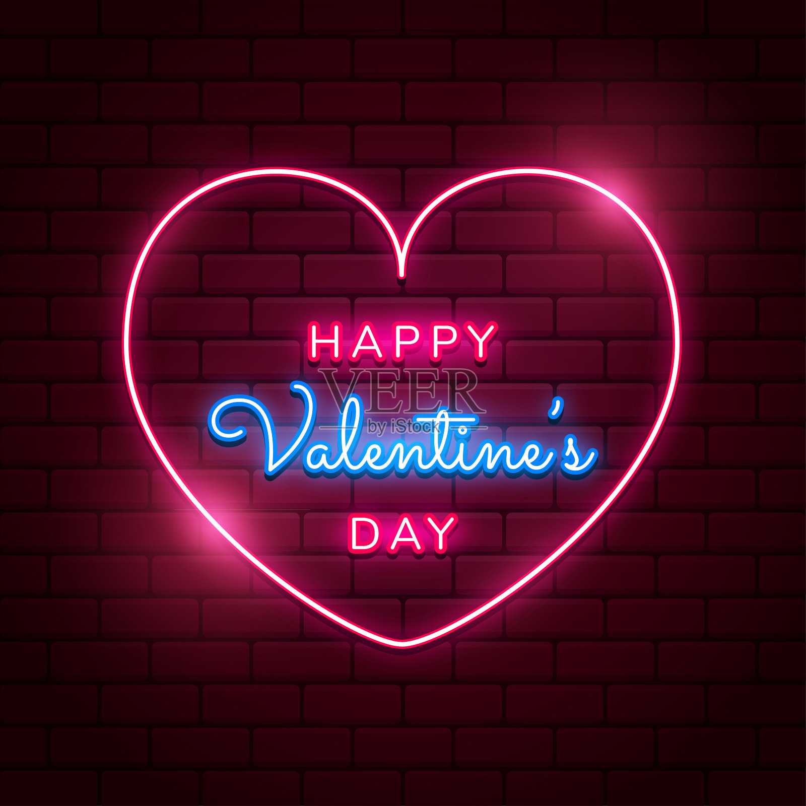 情人节快乐的背景与明亮的粉红色矢量霓虹心在红色砖墙设计模板素材