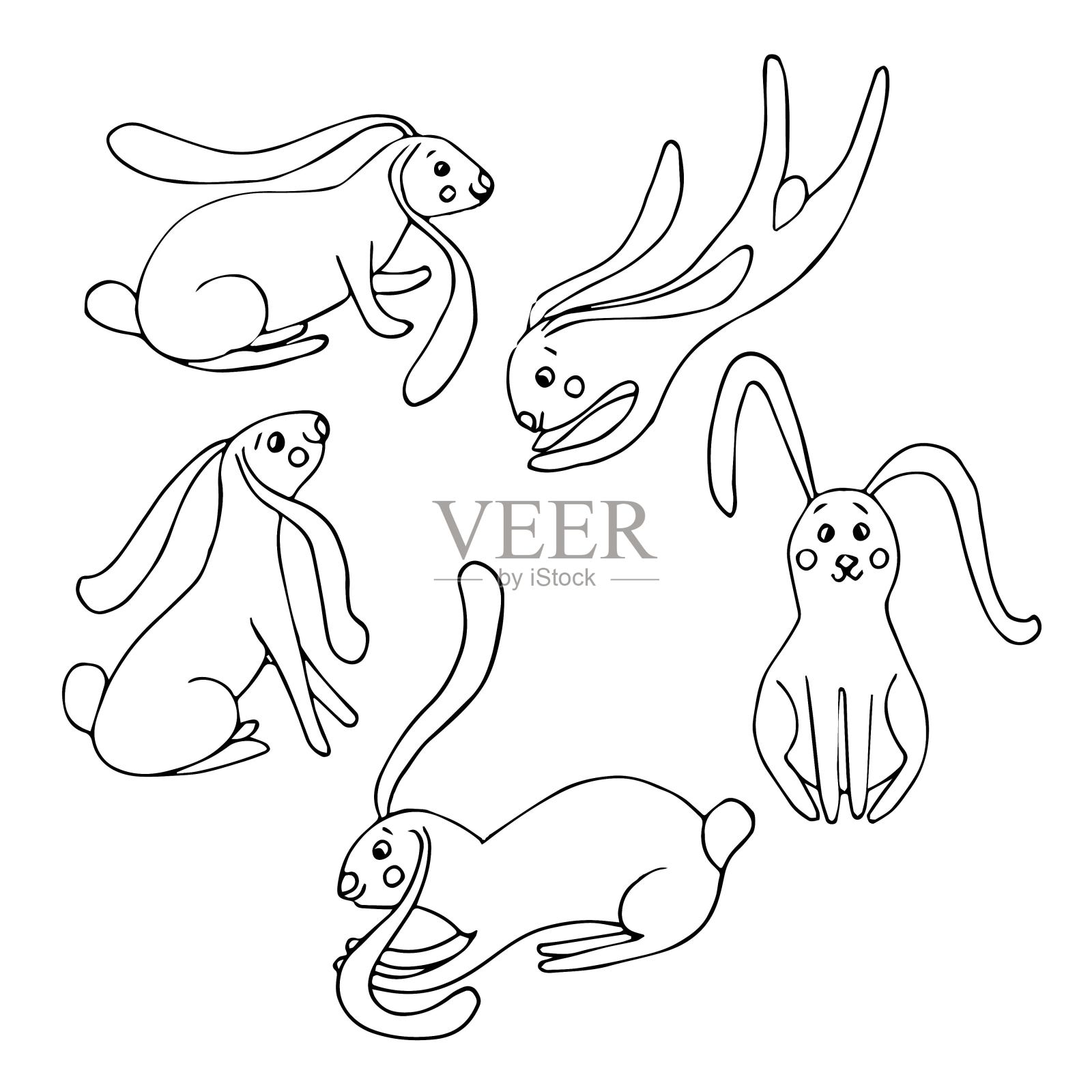 野兔手绘墨水素描集。可爱的卡通单色艺术设计剪辑艺术元素股票矢量插图插画图片素材