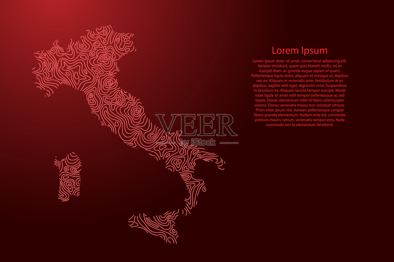 意大利地图由红色等值线或等值线地理地形图网格构成。矢量插图。插画图片素材