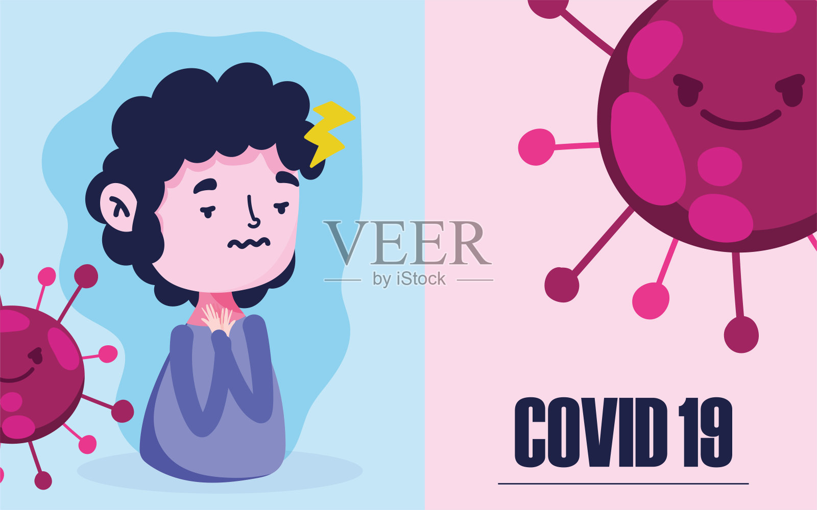 新冠病毒19大流行，男孩发烧头痛插画图片素材