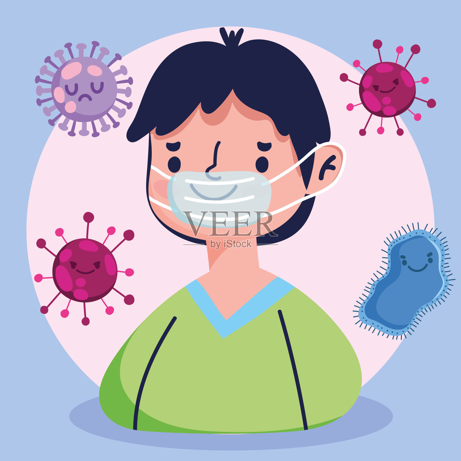 病毒covid - 19大流行，男孩戴防护口罩就医插画图片素材