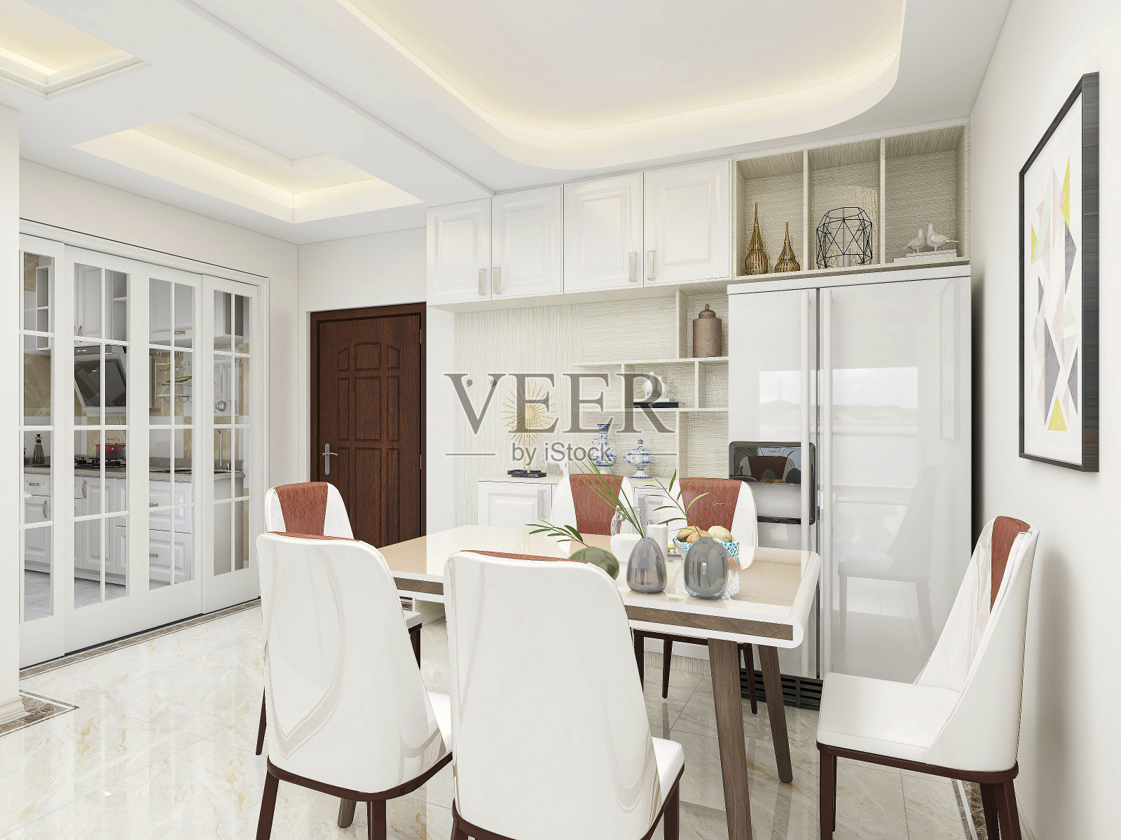 3D渲染，干净的餐厅，餐桌和抽屉照片摄影图片