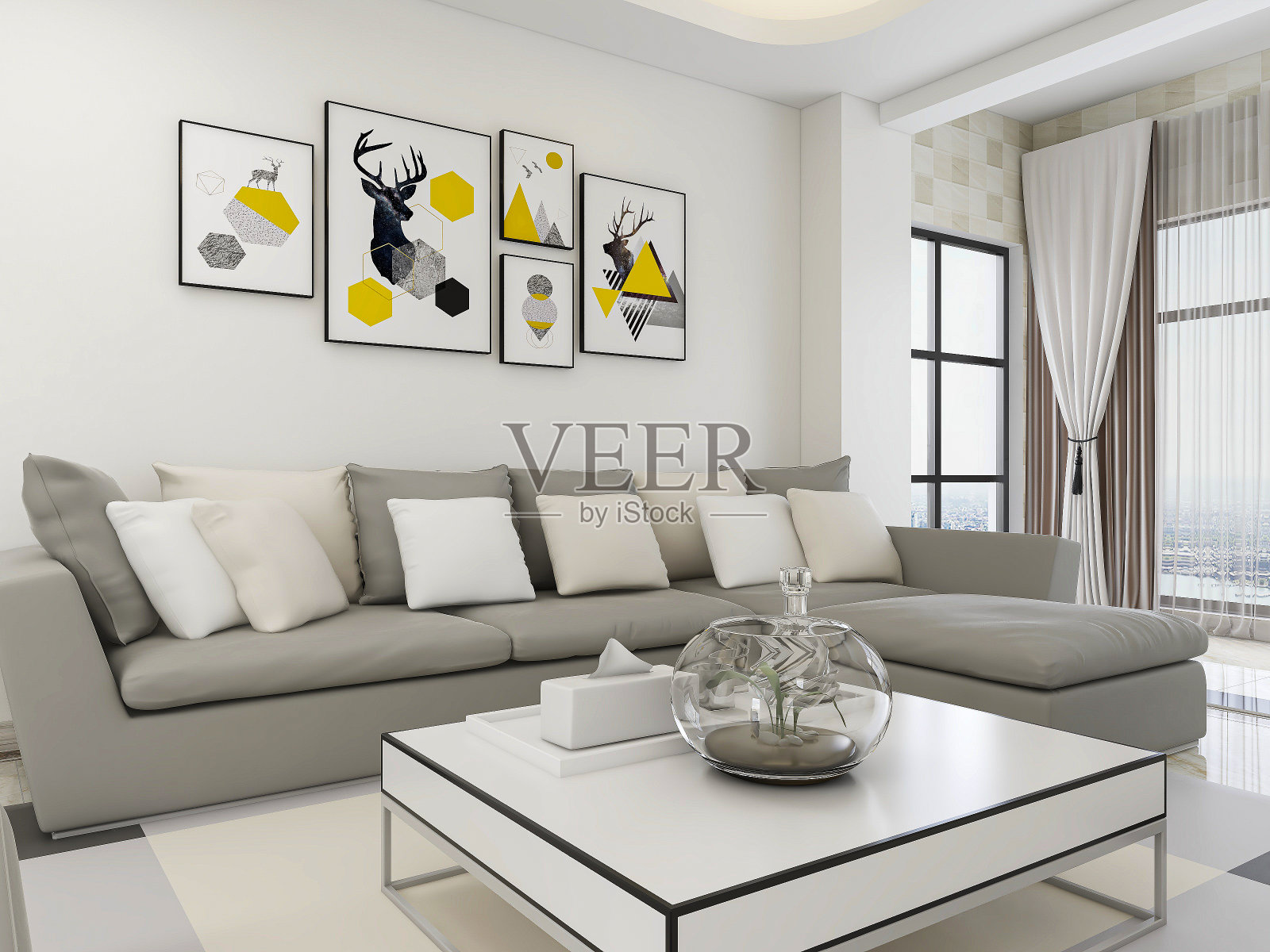 3D效果图，干净整洁的客厅，配有沙发和插图照片摄影图片