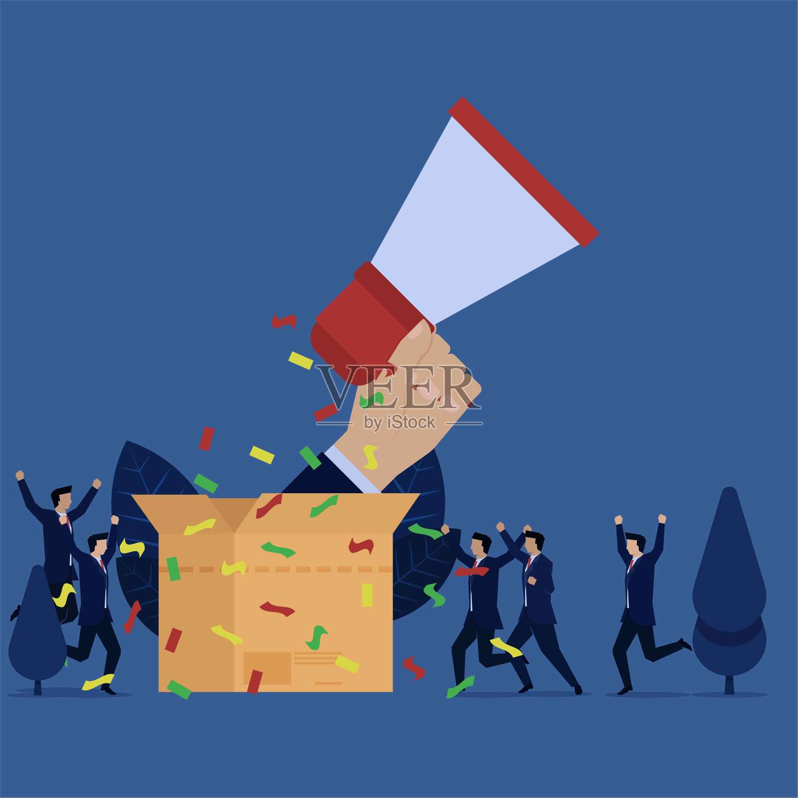 商业幸福手握演讲者从框隐喻大销售和促销。插画图片素材