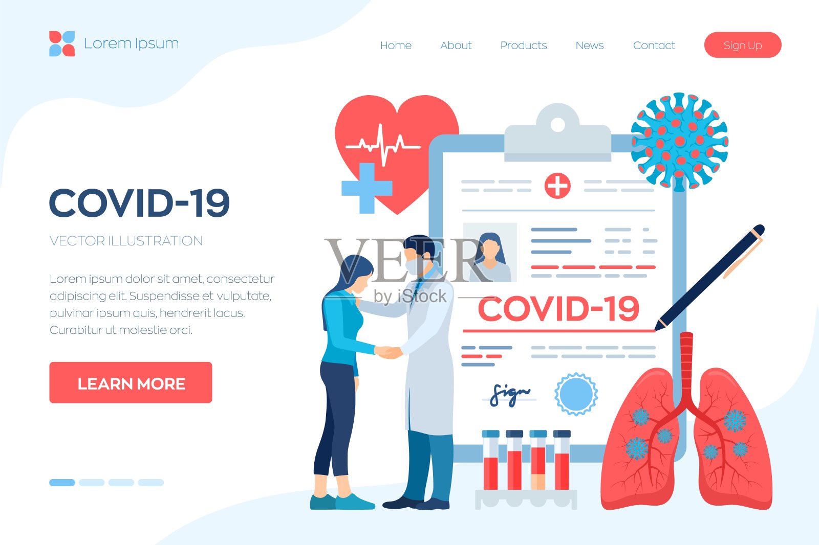 医疗诊断-冠状病毒2019-nCov。COVID-19的医学概念。照顾病人的医生。冠状病毒的症状。肺部感染。危险的冠状病毒大流行风险。矢量插图。插画图片素材