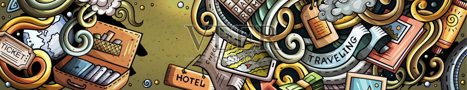 旅行手绘涂鸦横幅。卡通详细的传单。插画图片素材