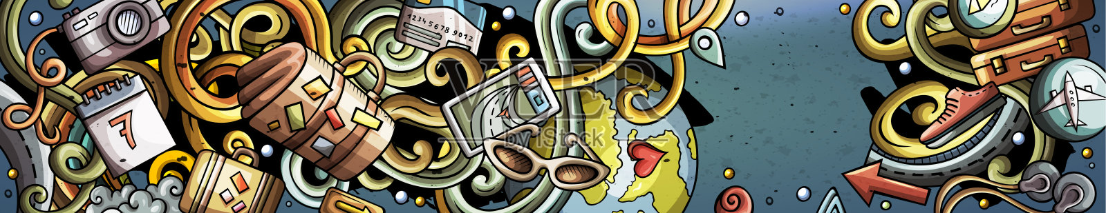 旅行手绘涂鸦横幅。卡通详细的传单。插画图片素材