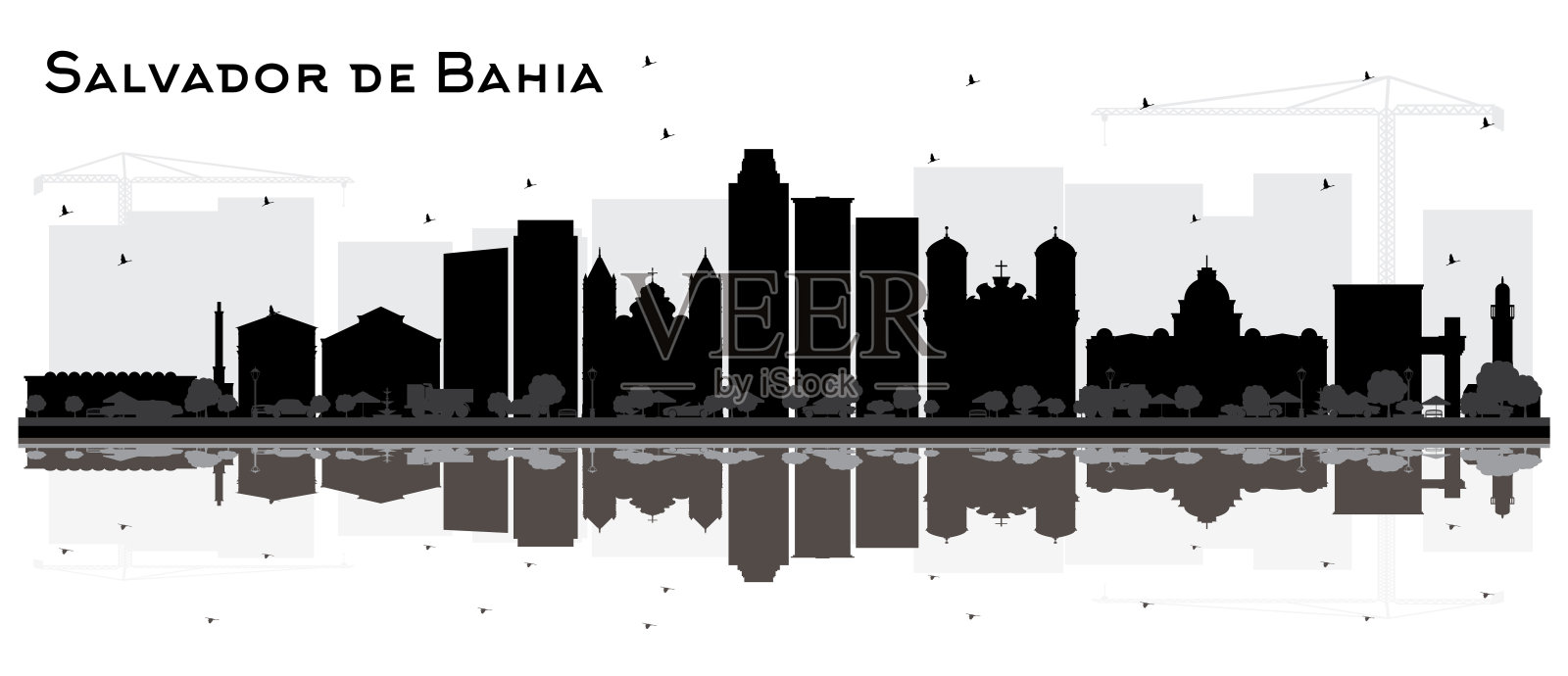 萨尔瓦多德巴伊亚城市天际线剪影与黑色建筑和反射孤立在白色。插画图片素材