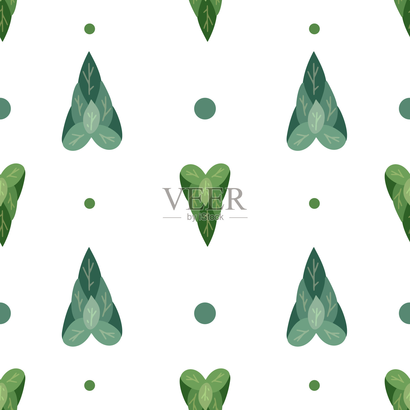 无缝平面图案与简单的心从叶子与点在行白色的背景。自然的爱。向量自然纹理插画图片素材