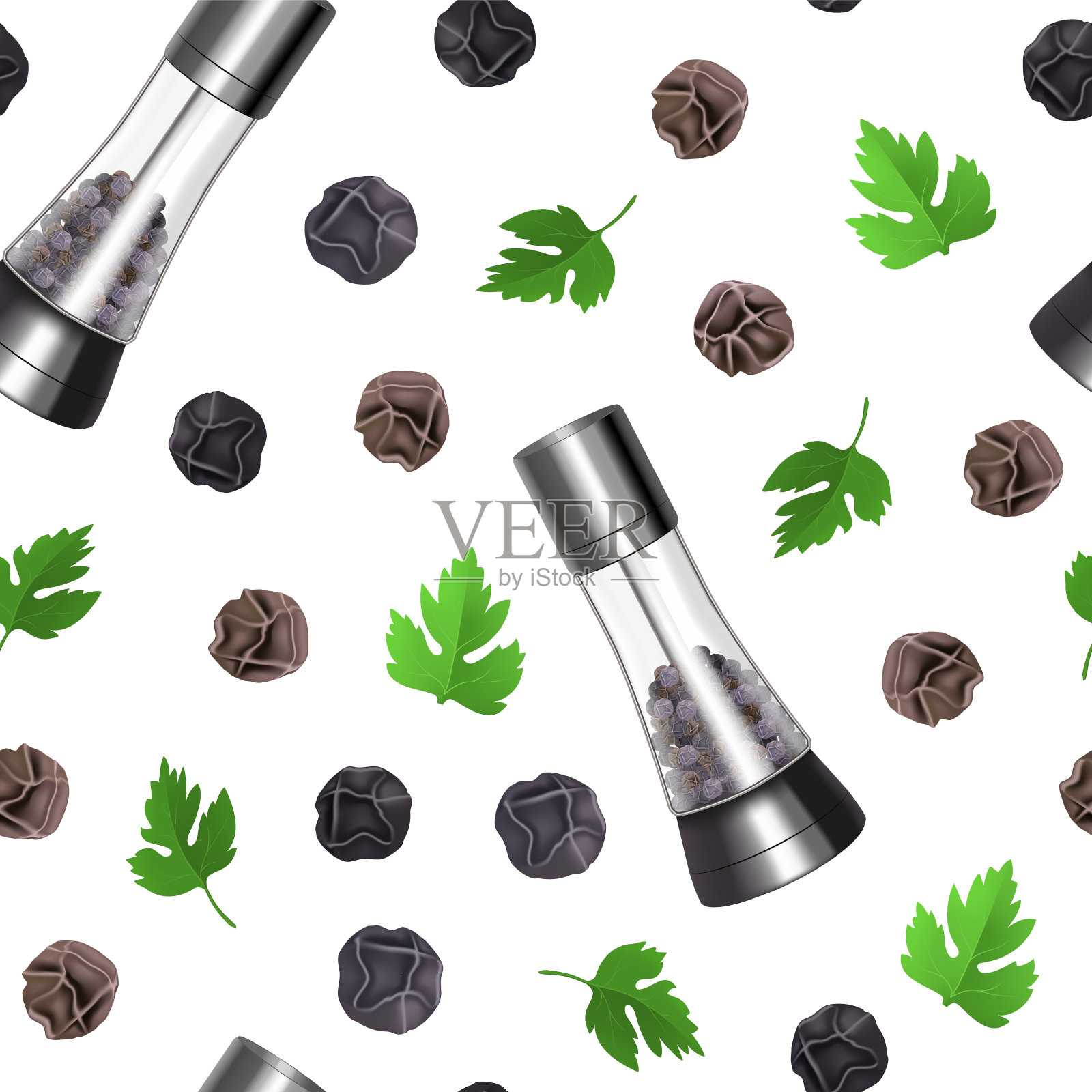 逼真的3d详细香料磨坊无缝模式背景。向量插画图片素材