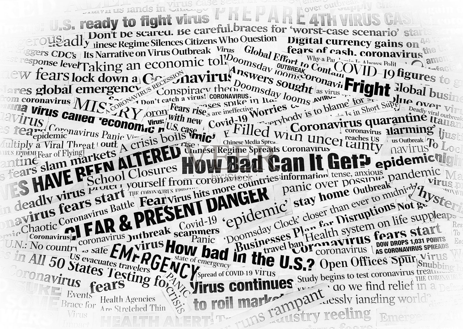 covid - 19冠状病毒报纸标题拼贴白色小插图照片摄影图片