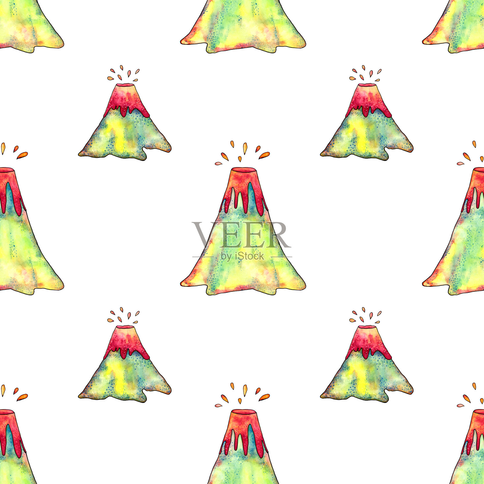 手绘水彩火山喷发无缝模式上的白色背景。无尽的火山印。墙纸。插画图片素材