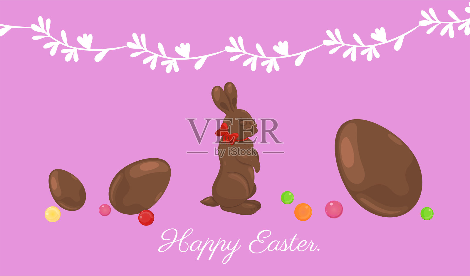 用巧克力兔子和鸡蛋装饰的复活节横幅。矢量图形设计模板素材