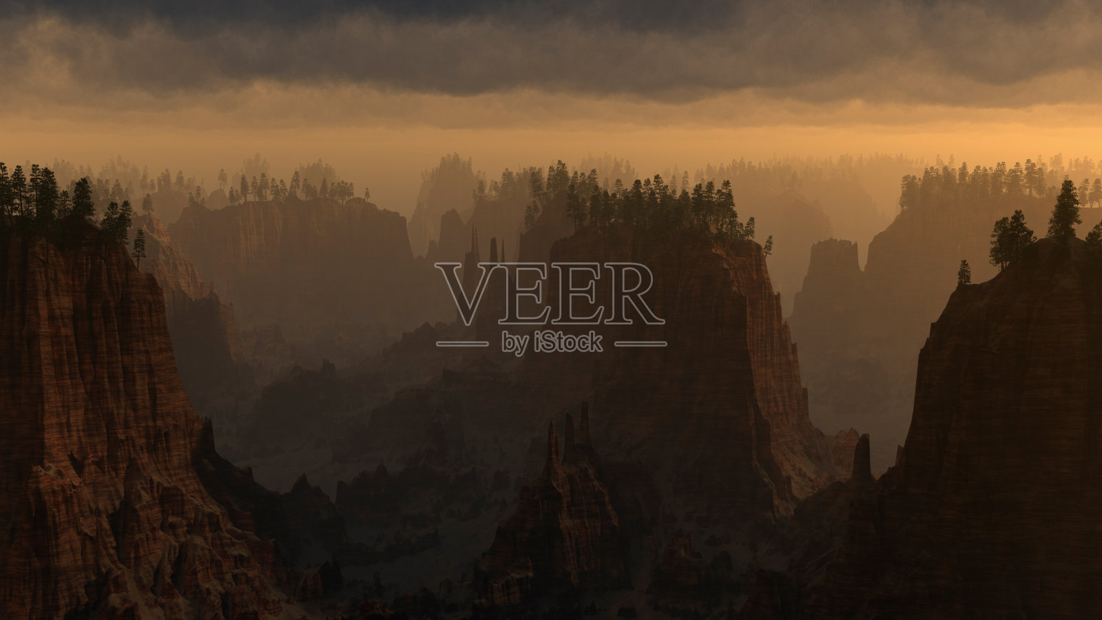 在多云的天空下有树木的粗糙的沙漠山脉。3 d渲染。照片摄影图片