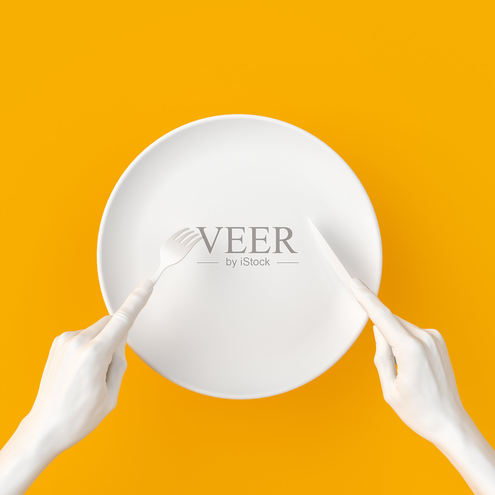 抽象美食餐厅概念横幅。孤立的白色空盘子，手握叉和刀，俯视图3d渲染。照片摄影图片