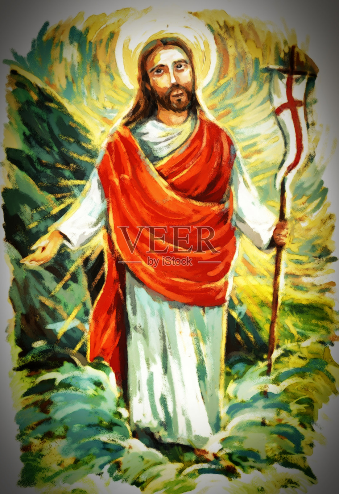 平静的耶稣弥赛亚举起手掌在背景-插图插画图片素材