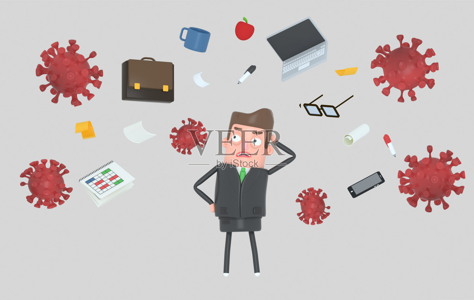 拿着带有病毒工具的商人。新冠疫情。3D图插画图片素材