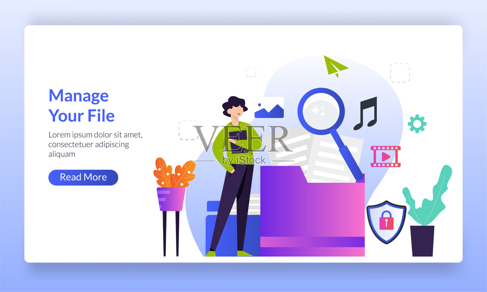 管理文件概念，人们组织文件夹与媒体文件，保持数字信息，登陆页面模板横幅，传单，ui, web，移动应用程序，海报插画图片素材