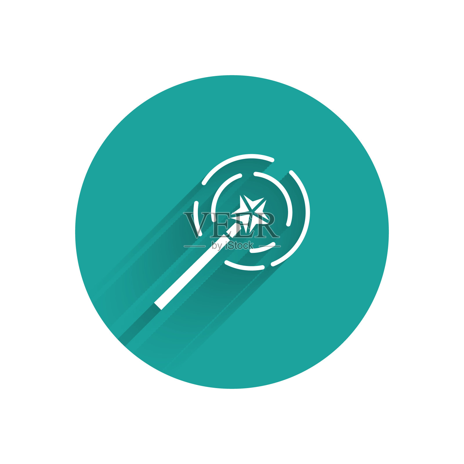 白色魔术棒图标孤立与长影子。星形魔法配件。神奇的力量。绿色圆圈按钮。矢量图插画图片素材