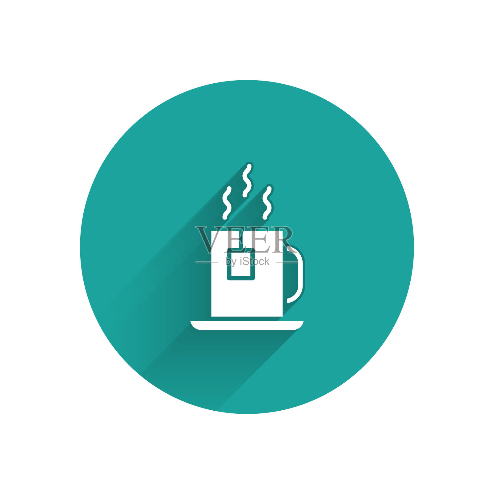 白色茶杯与茶包图标孤立与长影子。绿色圆圈按钮。矢量图插画图片素材