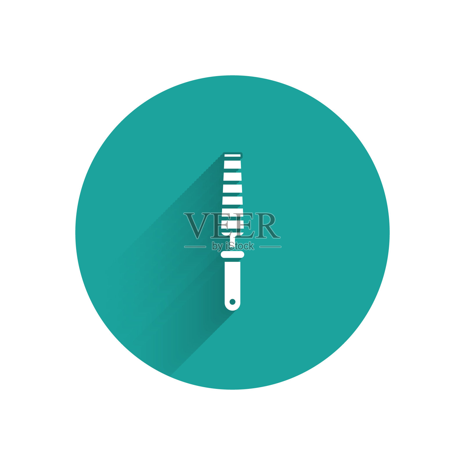 白色凿子工具的木头图标孤立与长影子。绿色圆圈按钮。矢量图插画图片素材