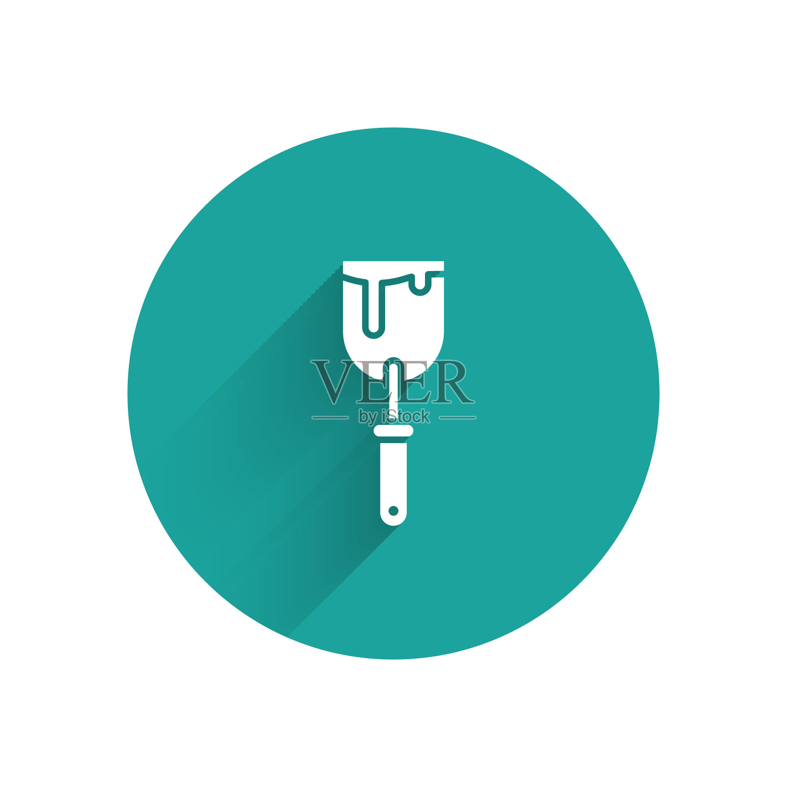 白色油灰刀图标孤立与长影子。抹刀修理工具。填缝或涂漆工具。绿色圆圈按钮。矢量图插画图片素材