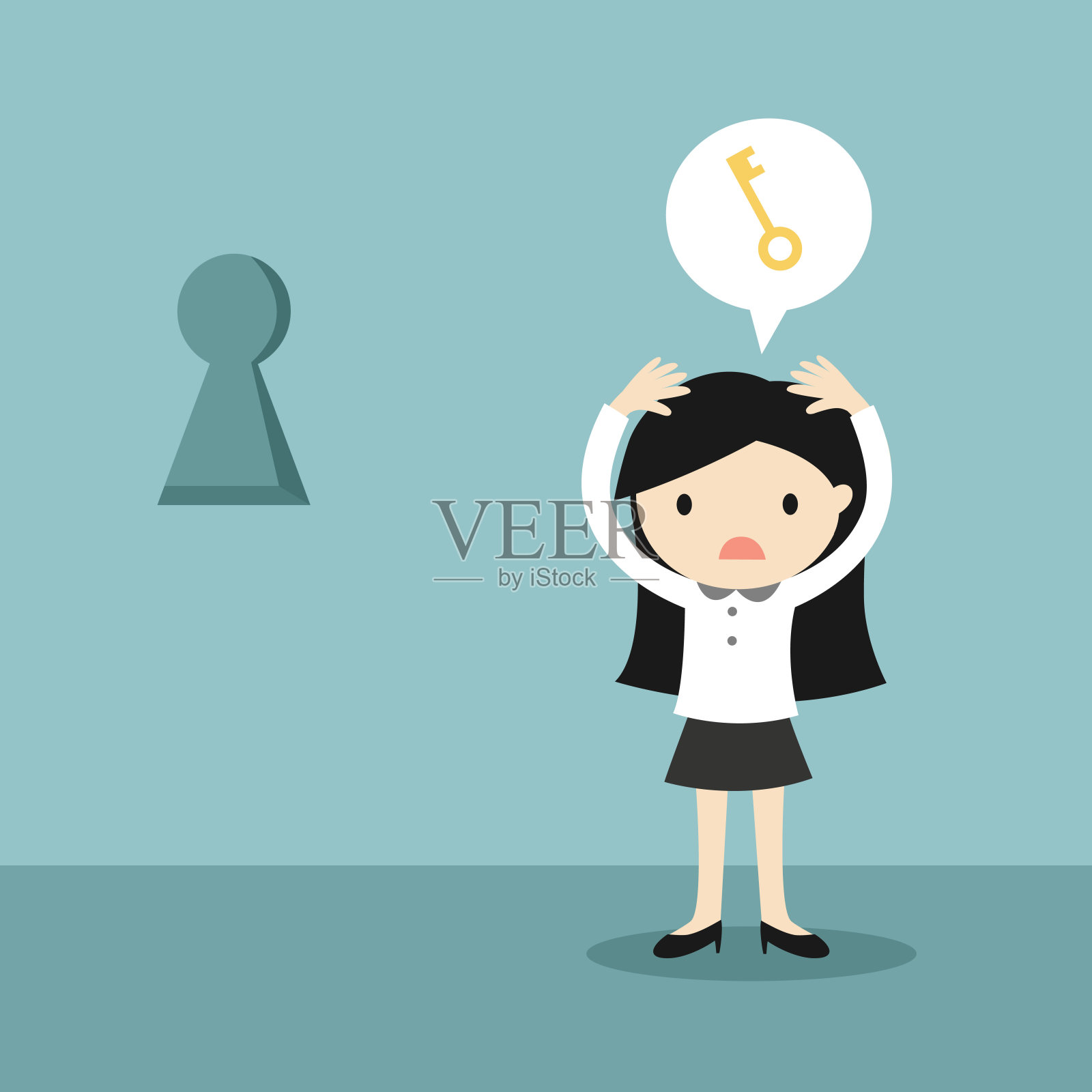 经营理念，女商人担心钥匙在墙上开锁。矢量插图。插画图片素材