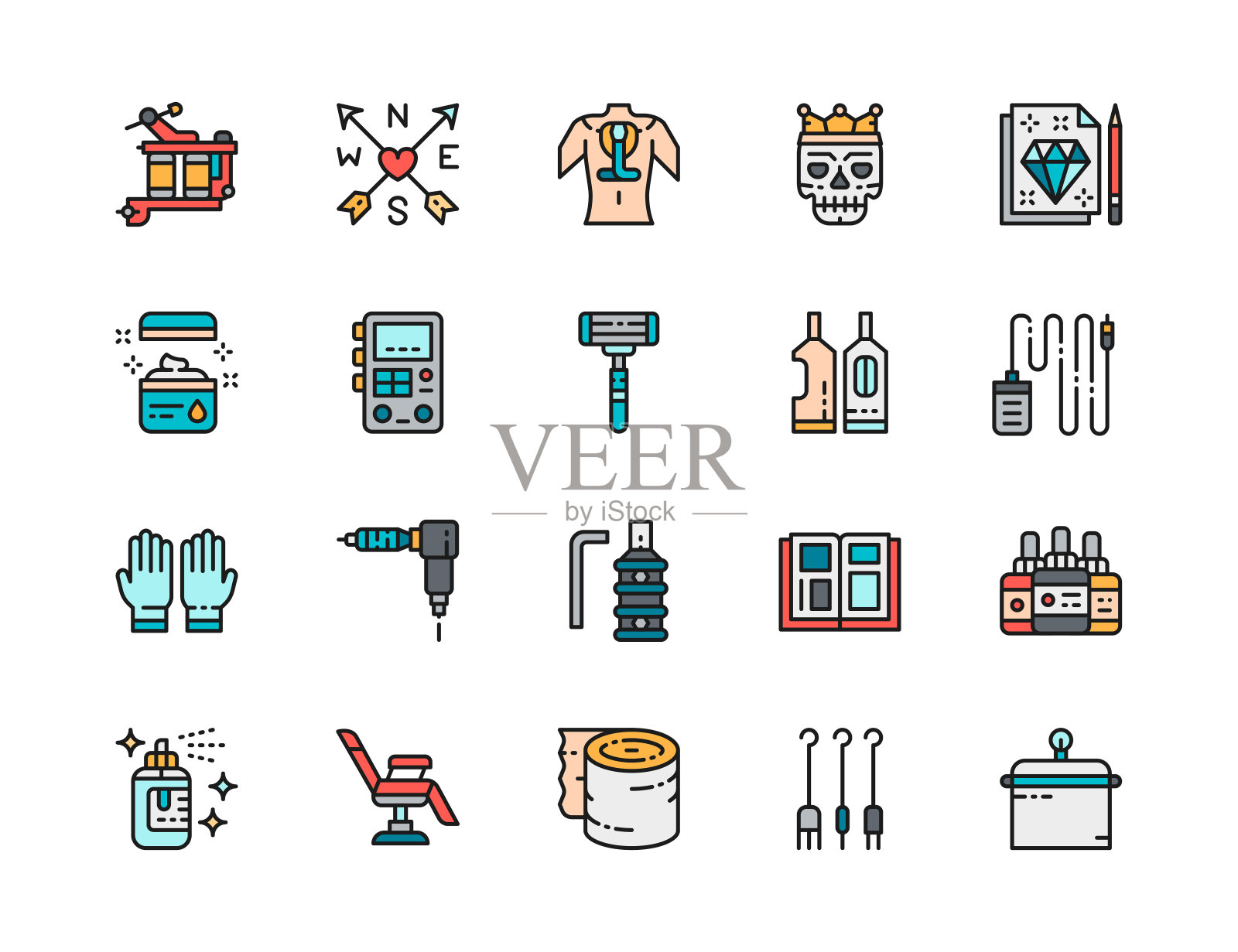 纹身工作室的平面颜色线图标。纹身机，凡士林，动力机器供应和更多。图标素材