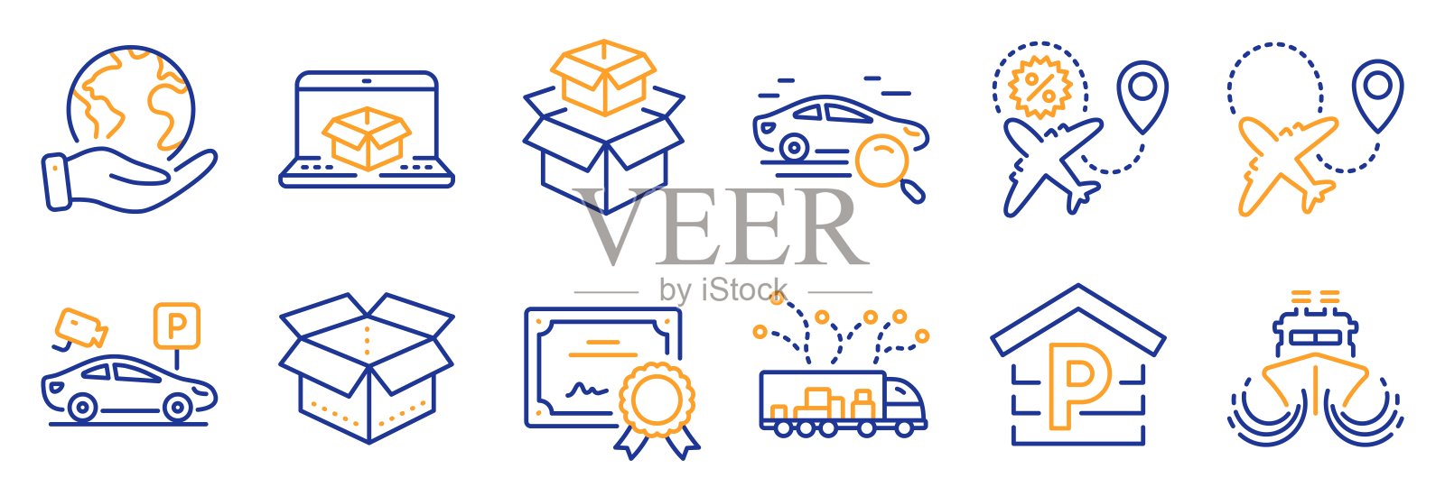 交通图标集，如航班销售，飞机，轮船。向量插画图片素材