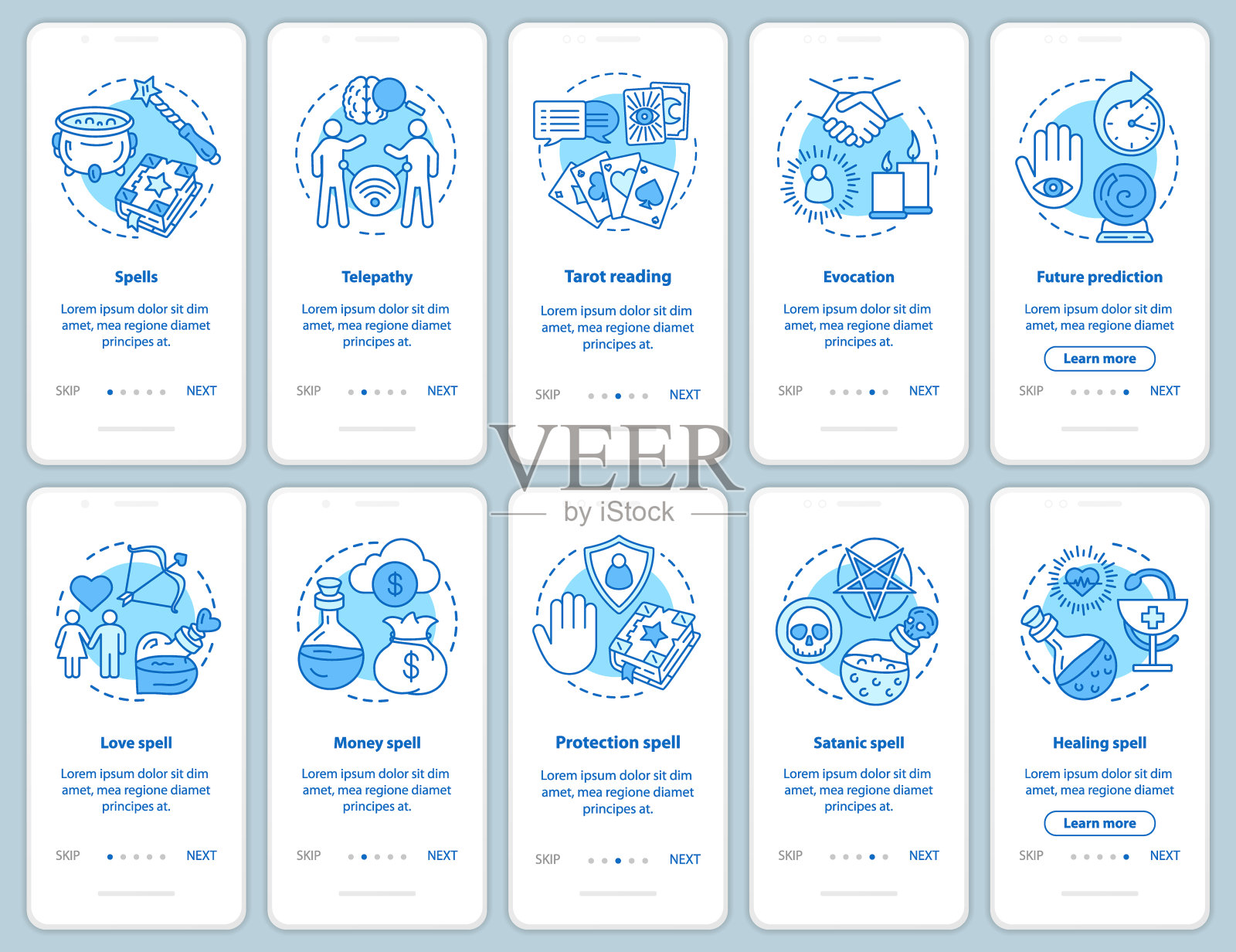带有线性概念集的移动应用页面上的魔法咒语。巫术和巫术的步骤和图解说明。UX, UI, GUI矢量模板与插图插画图片素材