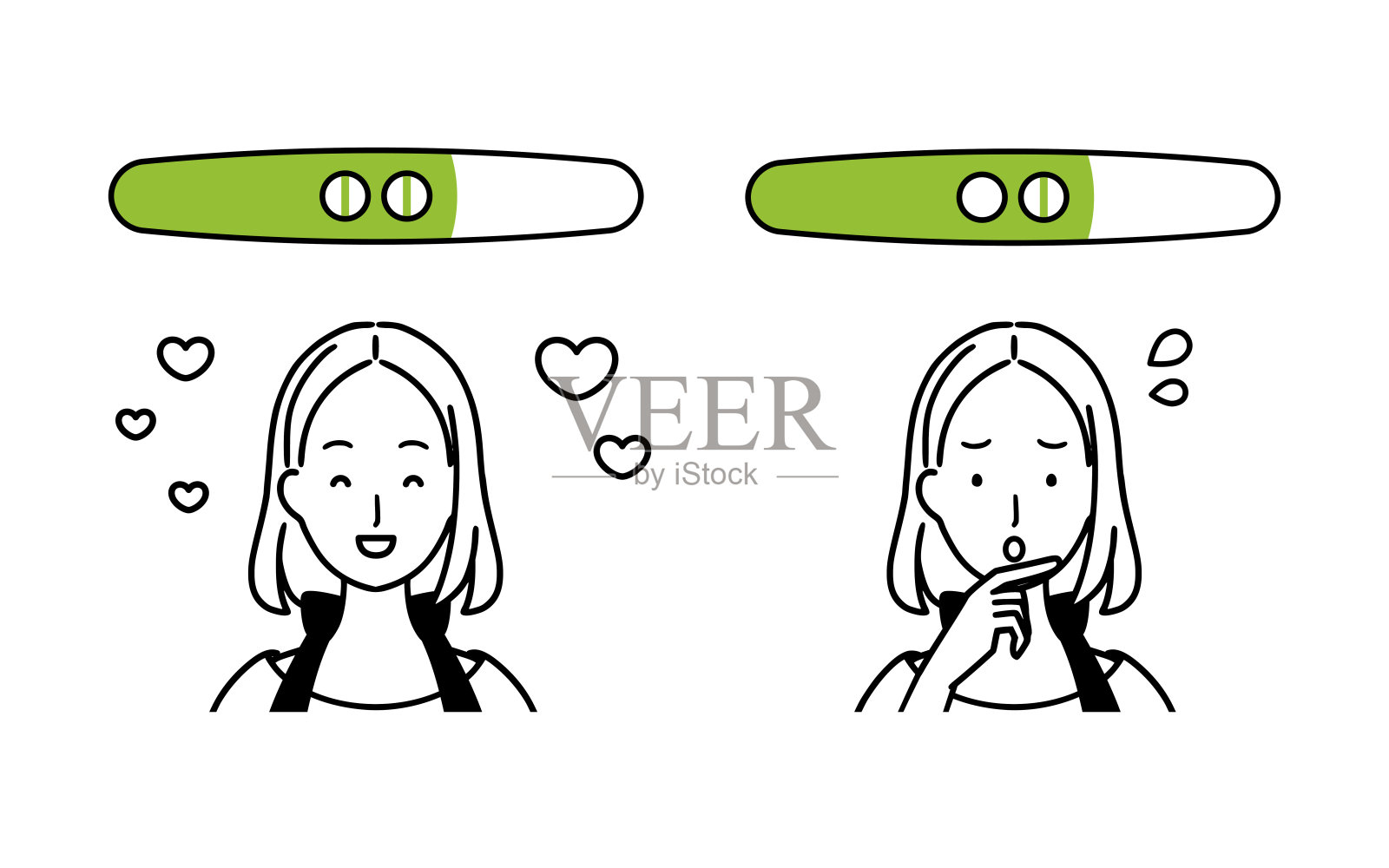 设置验孕药及女性面部表情说明。插画图片素材