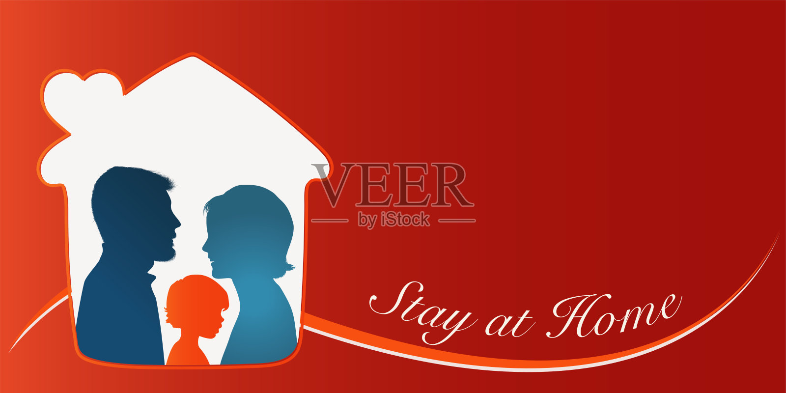 呆在家里的家庭。居家意识运动。Covid-19冠状病毒感染预防。隔离。流行和大流行。团结和合作。横幅。本空间插画图片素材