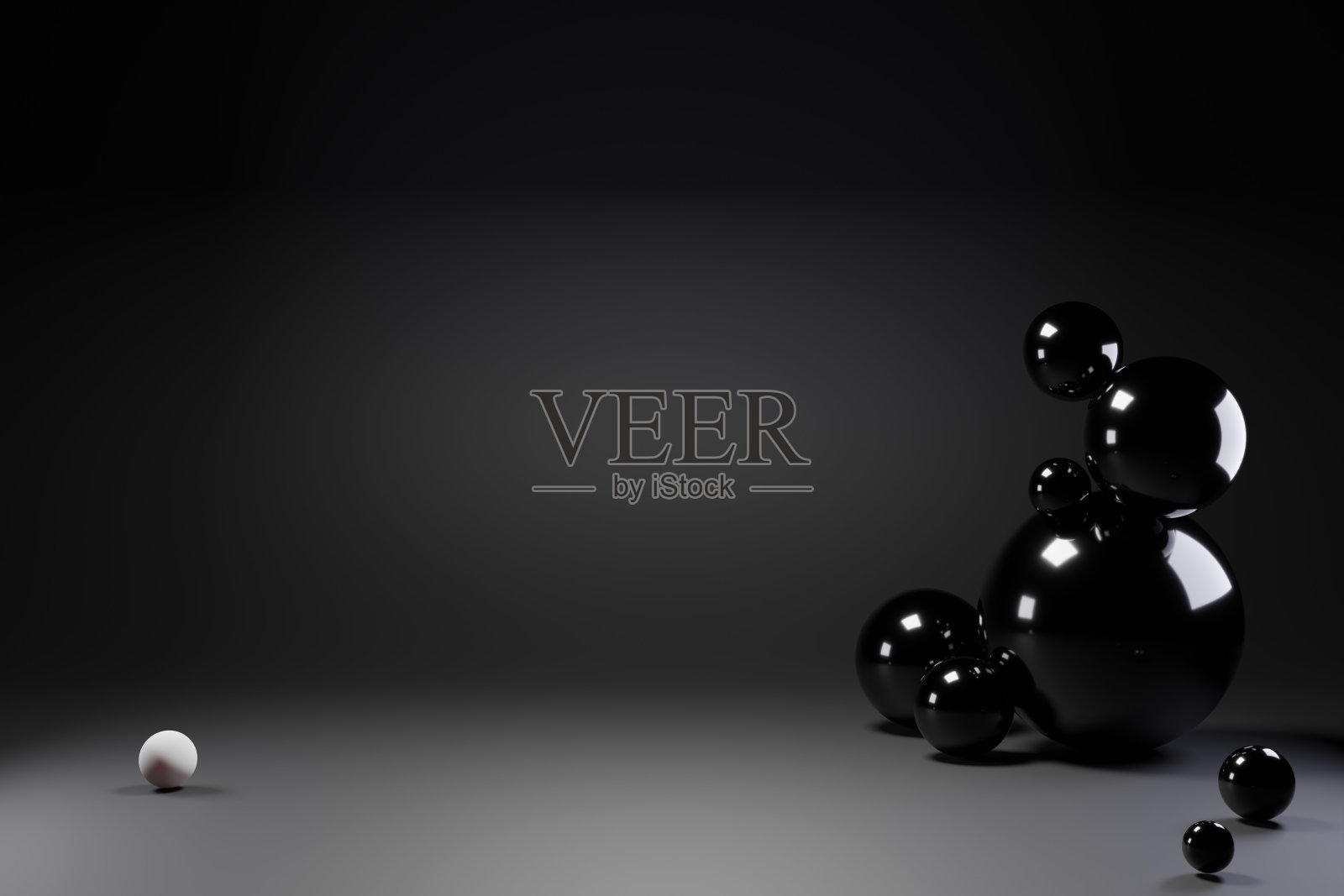 黑色抽象3d渲染背景。电脑生成的极简背景与几何形状的球，白色的球。现代设计的海报封面品牌旗帜海报。照片摄影图片