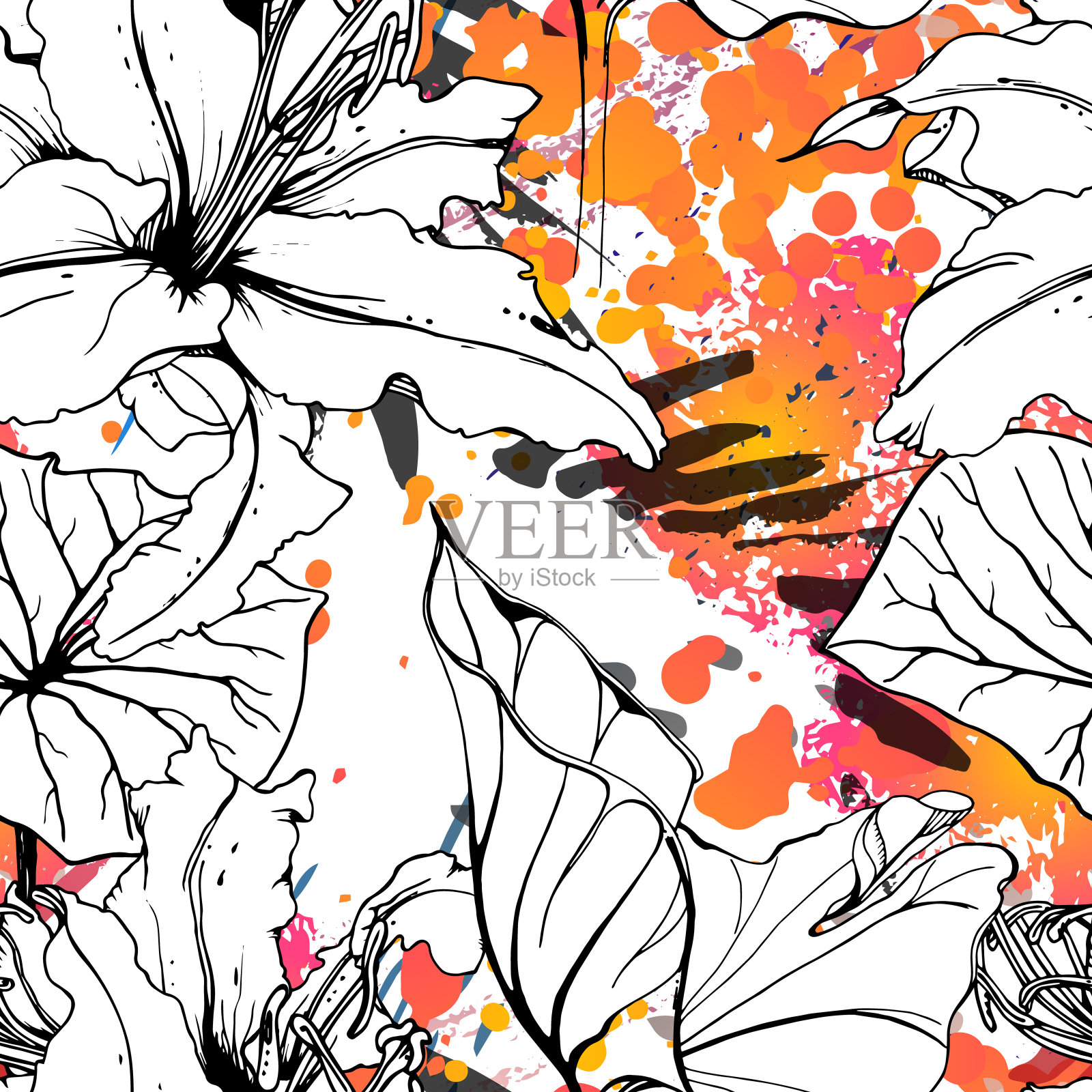 花黑白图案。现代水彩插画图片素材