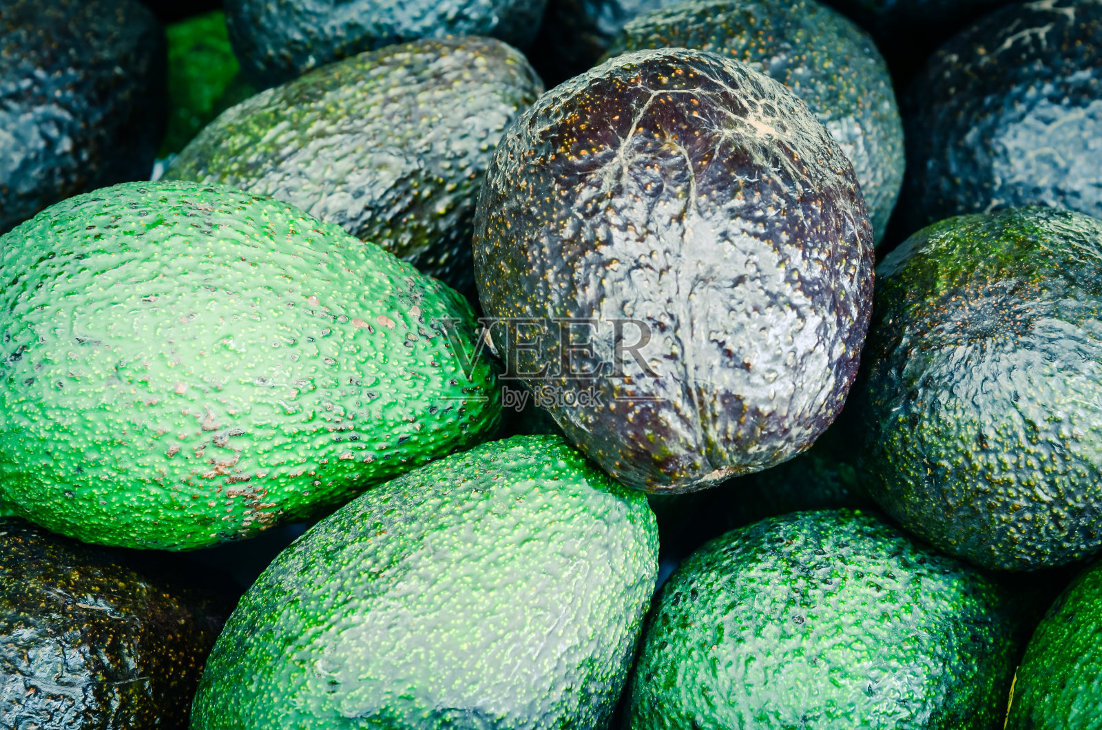 美国华盛顿州Puyallup的农贸市场上，一堆成熟的绿色牛油果照片摄影图片